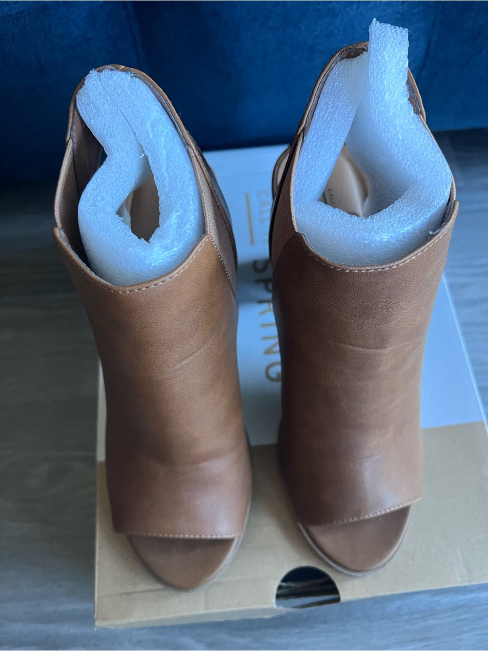 Call It Spring Tan Peep-Toe Stacked Heel Mules - Picture 3 of 10